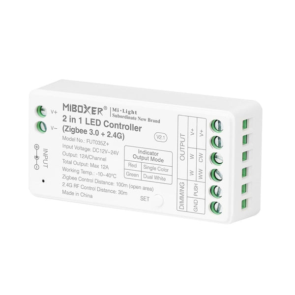 Afbeelding in Gallery-weergave laden, Mi-Light Mi-Boxer - 2 in 1 LED controller - Single Color + Dual White (Zigbee 3.0 + 2.4GHz) - Zigbee + 2.4GHz LED controllers - HandyLight.nl - HL-LEDC-2-IN-1-SC-WW-FUT035Z+
